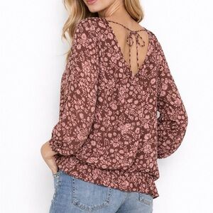 Brown & Pink Floral V-Neck Top – New With Tags (XL)